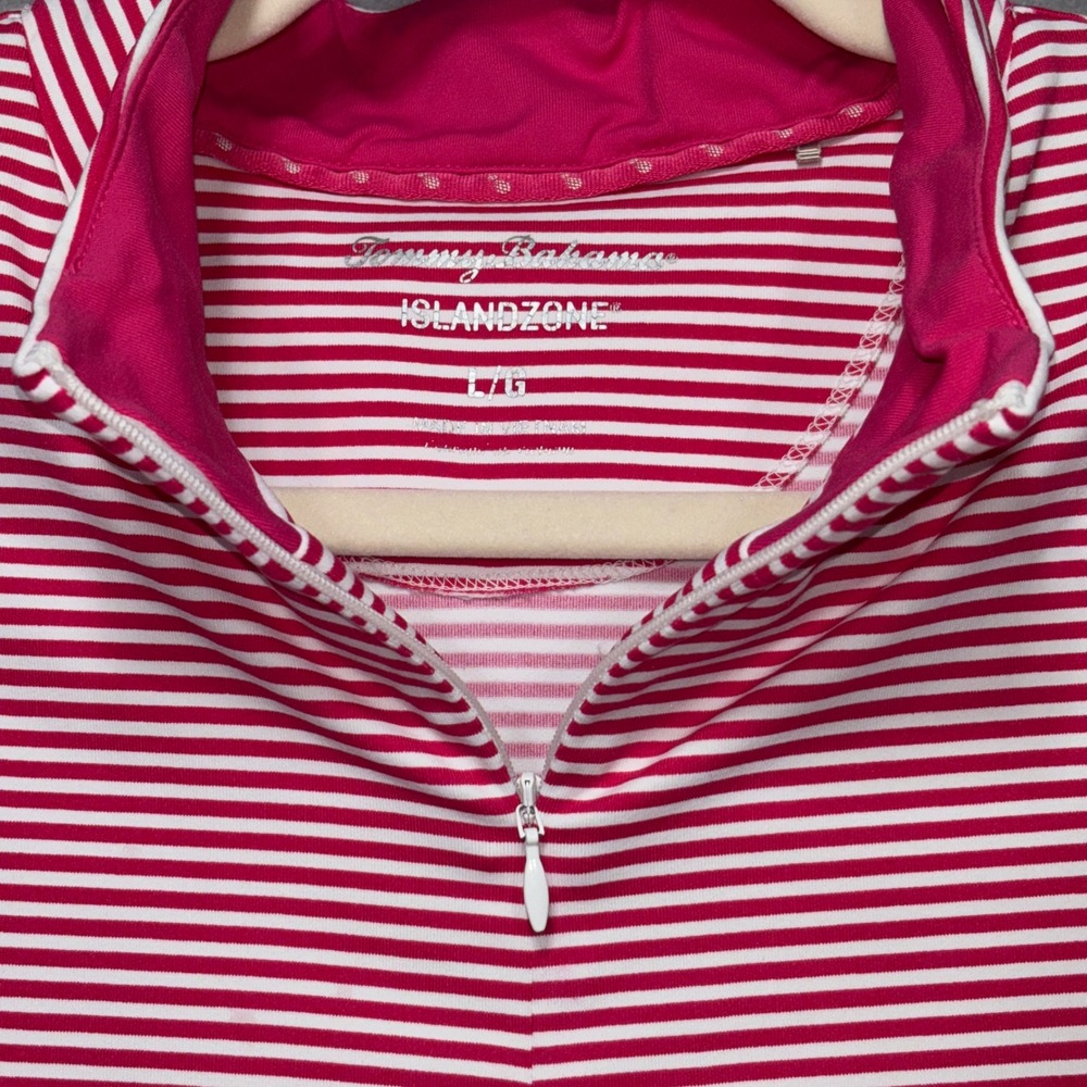 Tommy Bahama Island Zone Women Golf Top L Pink White Stripe Quarter Zip Athletic - Picture 3 of 8